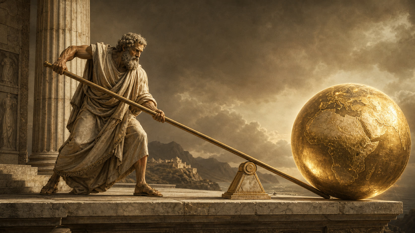 Archimedes using a lever to move a golden Earth