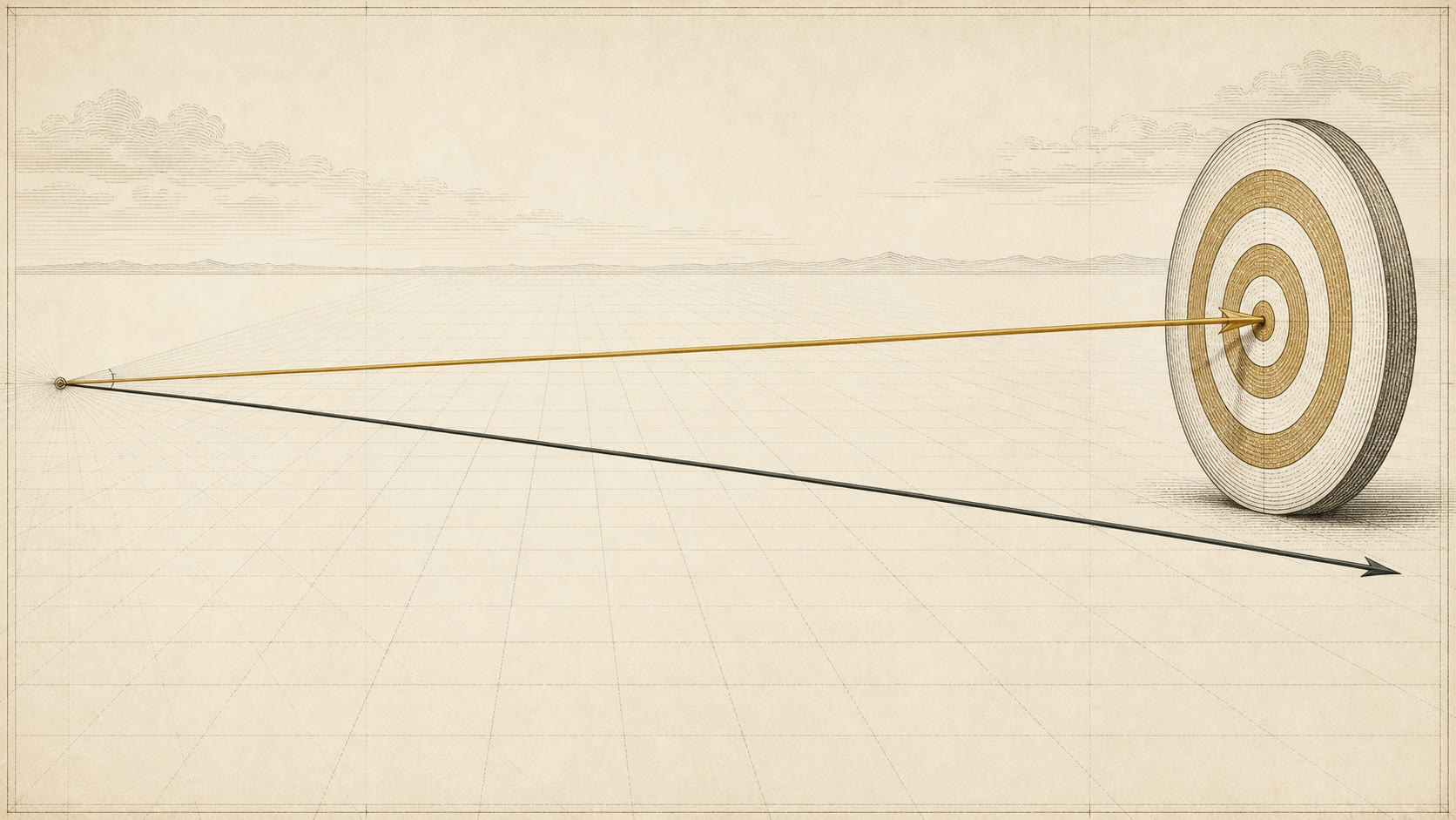 Two arrows beginning together and diverging toward very different destinations